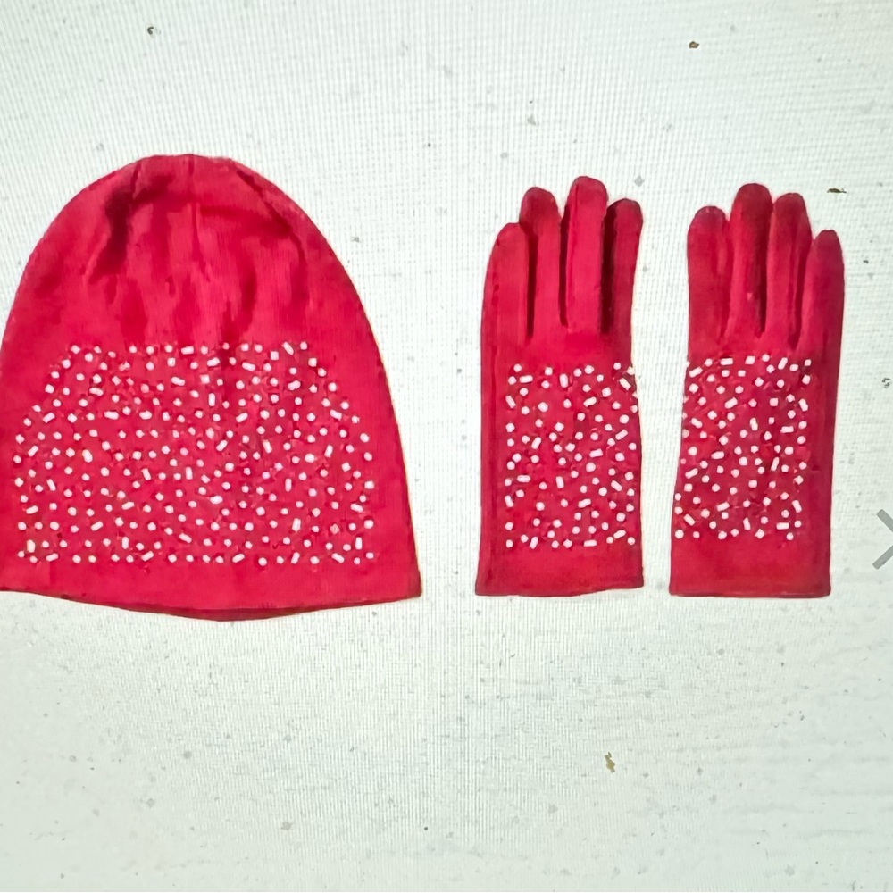 - Burgundy  70% Cashmere & 30% Polyester Crystal Pattern Hat & 1 Pair Glo…
